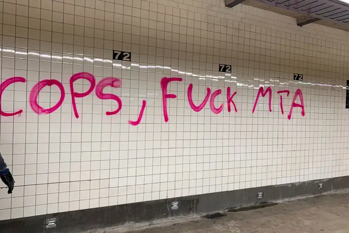 Anti-police graffiti seen at the 72nd street C/E station on Friday morning